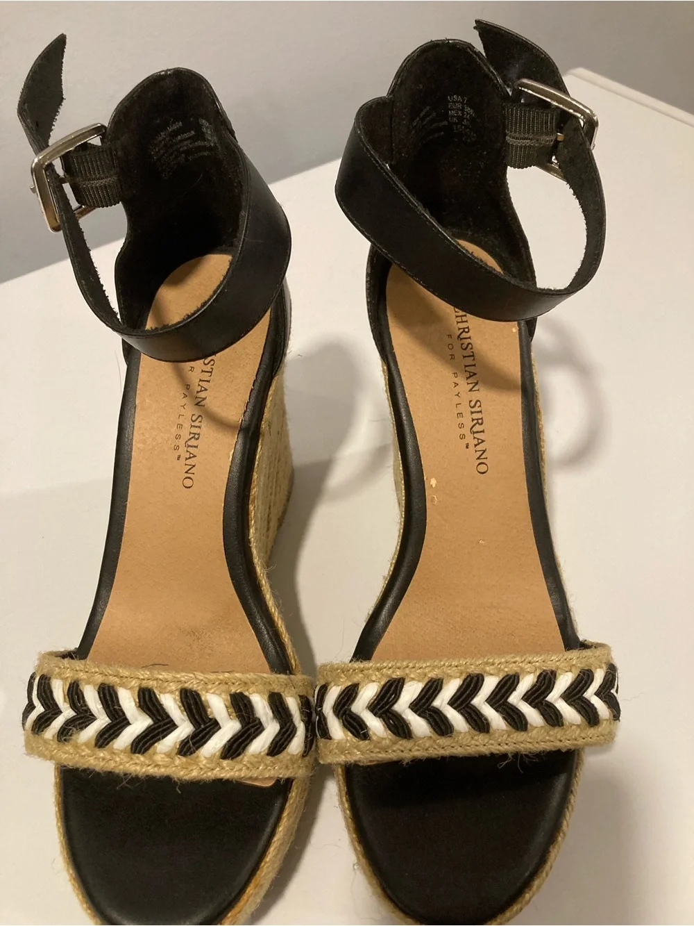 Christian Siriano Black and Natural Braided Espadrille Wedge Sandals